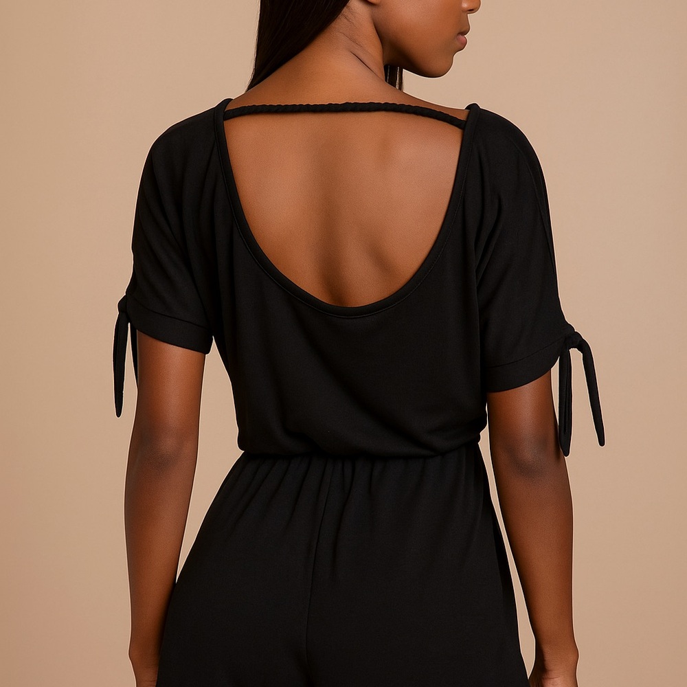 Lulus always lounging black tie sleeves romper with pockets size large NWOT - Picture 3 of 9